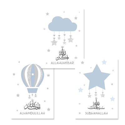 Light Blue Silver Islamic Children Room 3 Poster Set 50x70 cm