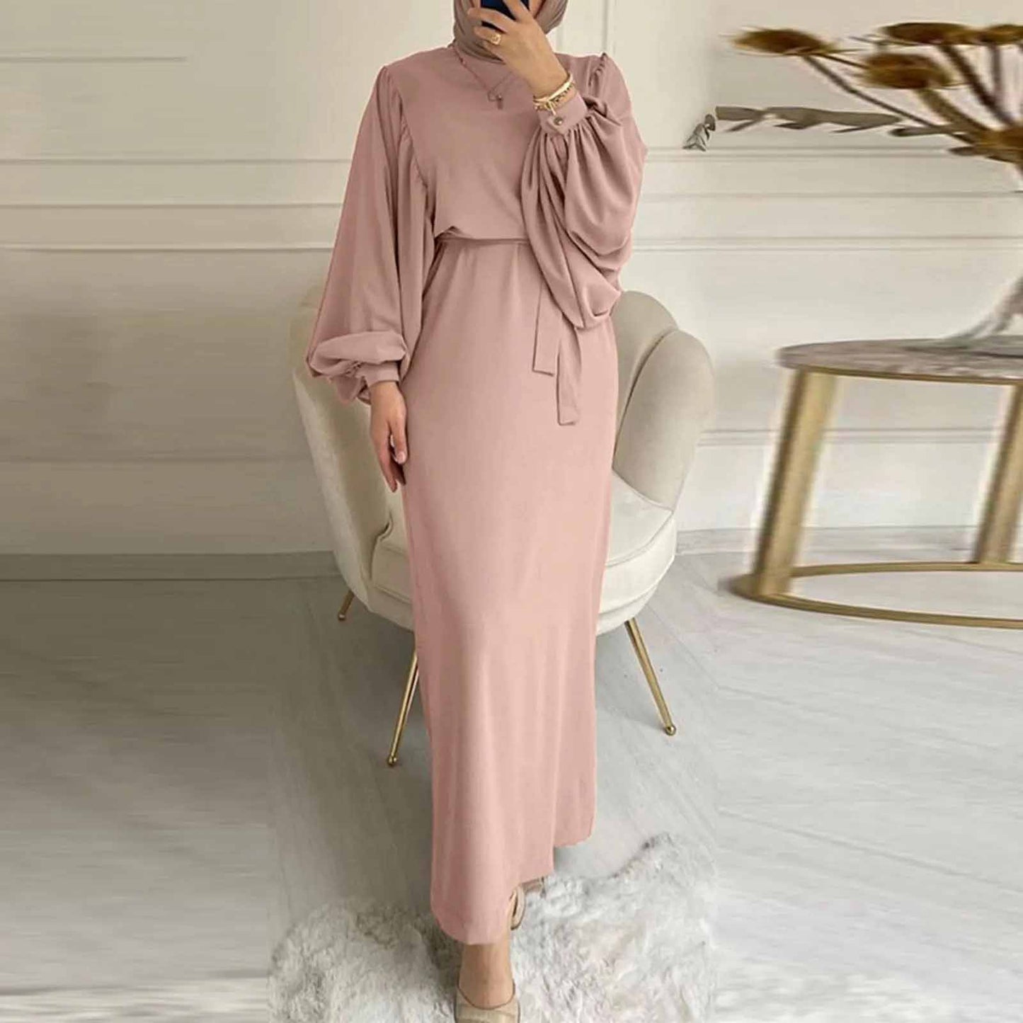 Dust Pink Long Sleeve Abaya Dress