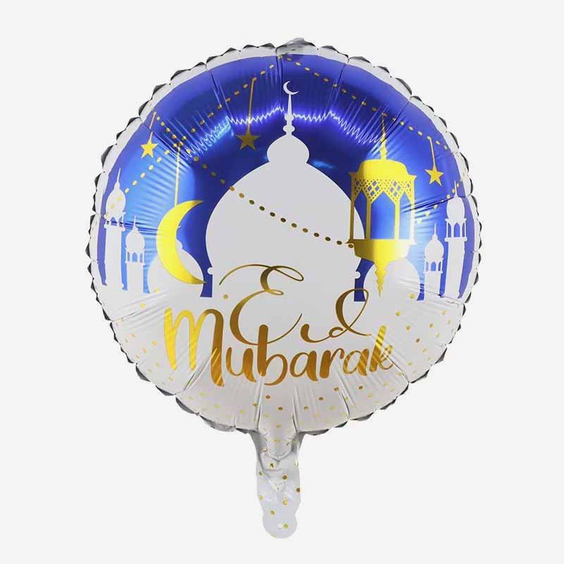 Blue White Gold Eid Mubarak Round Helium Balloon 45cm