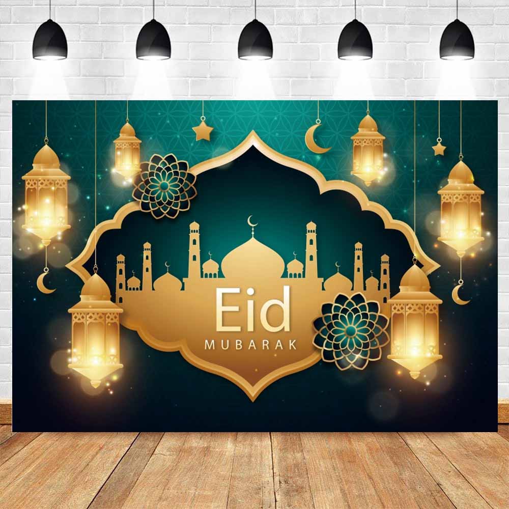 Green Gold Eid Mubarak Photographic Backdrop Vinyl 220x150cm