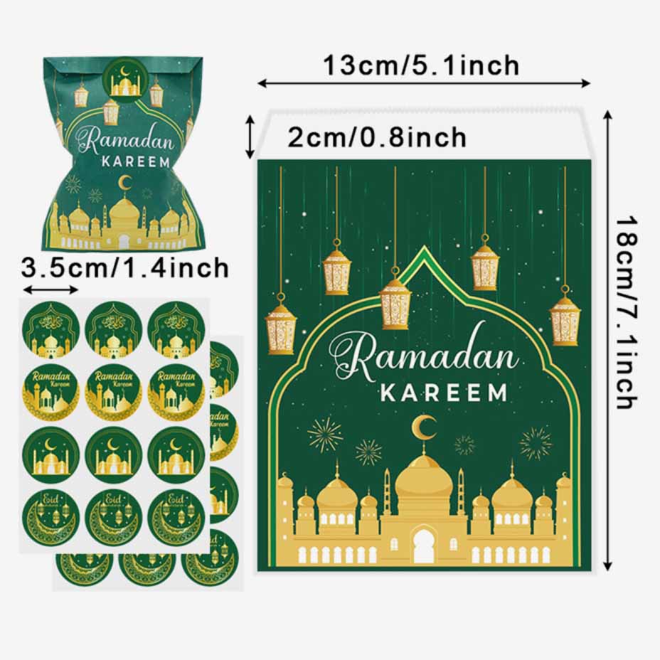 Ramadan Kareem Gift Paper Bag With Sticker 12 Pcs Set